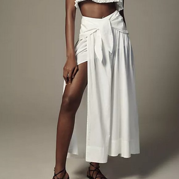 Anthropologie Maeve LP NWT Poplin Tie Front Side Slit Skirt Maxi White L Petite